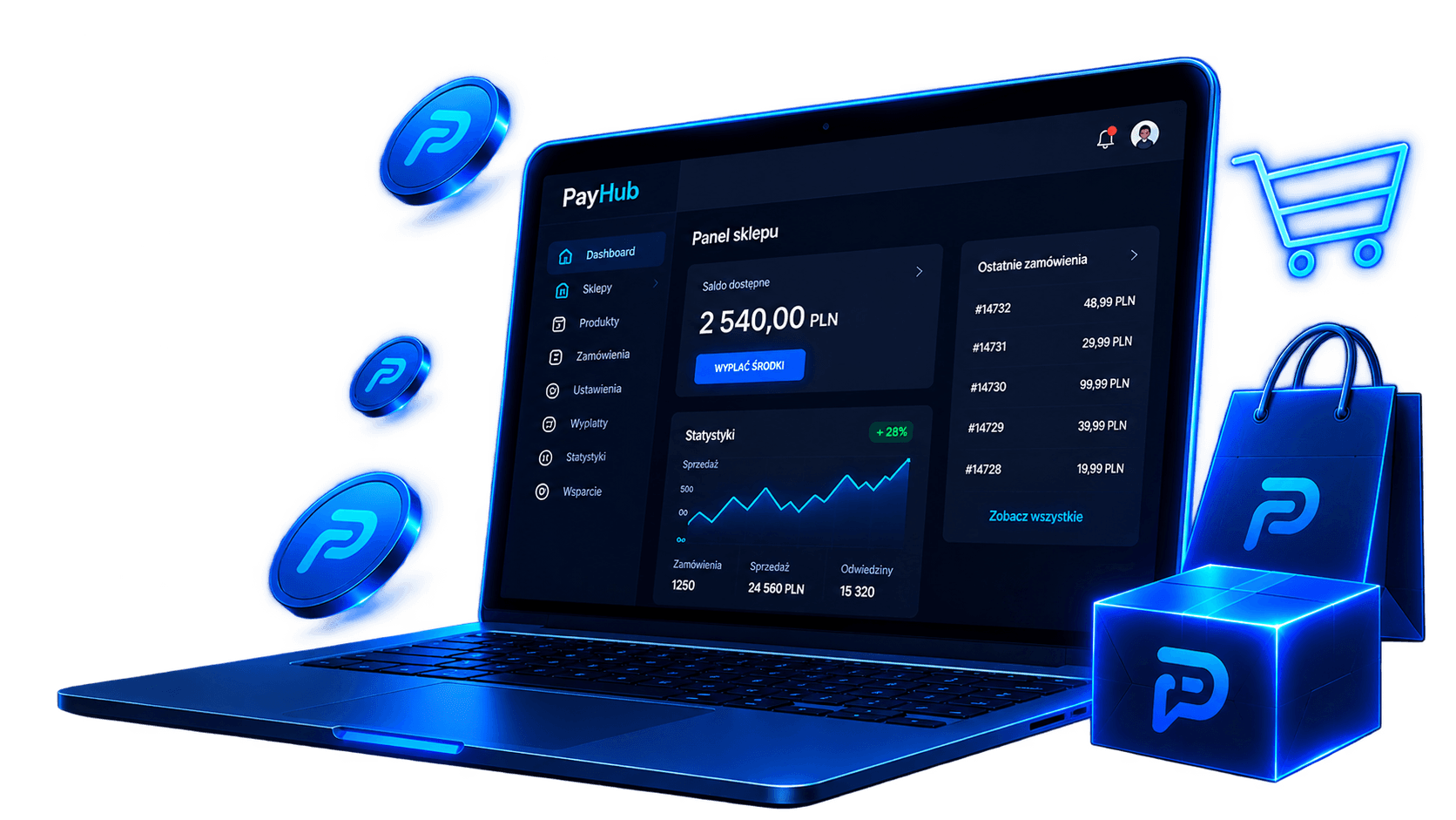 Panel sklepu PayHub prezentowany na laptopie